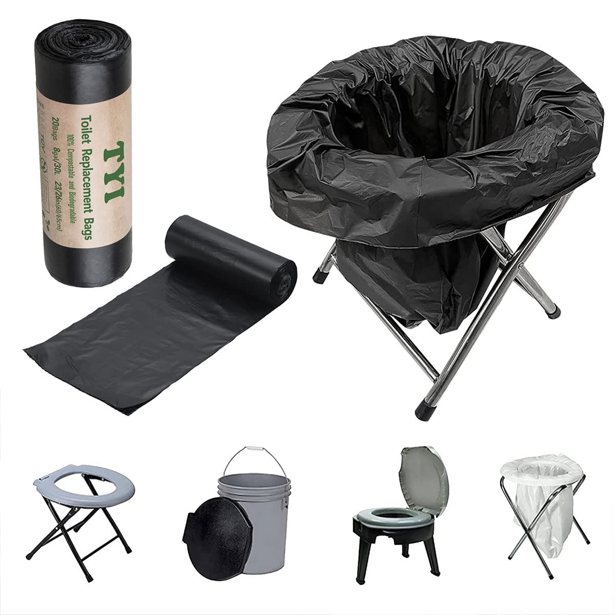 Portable Toilet Bags for Camping, 20 Count Toilet Replacement Bags, 8 Gallon, 30 Liter, 100% Biodegradeable for Use with 5 Gallon Bucket, BPI & OK compost HOME Certified