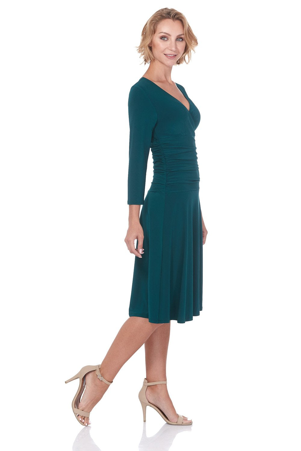 REKUCCI Women's Slimming 3/4 Sleeve Fit-and-Flare Crossover Tummy Control Dress (14, Hunter Green)