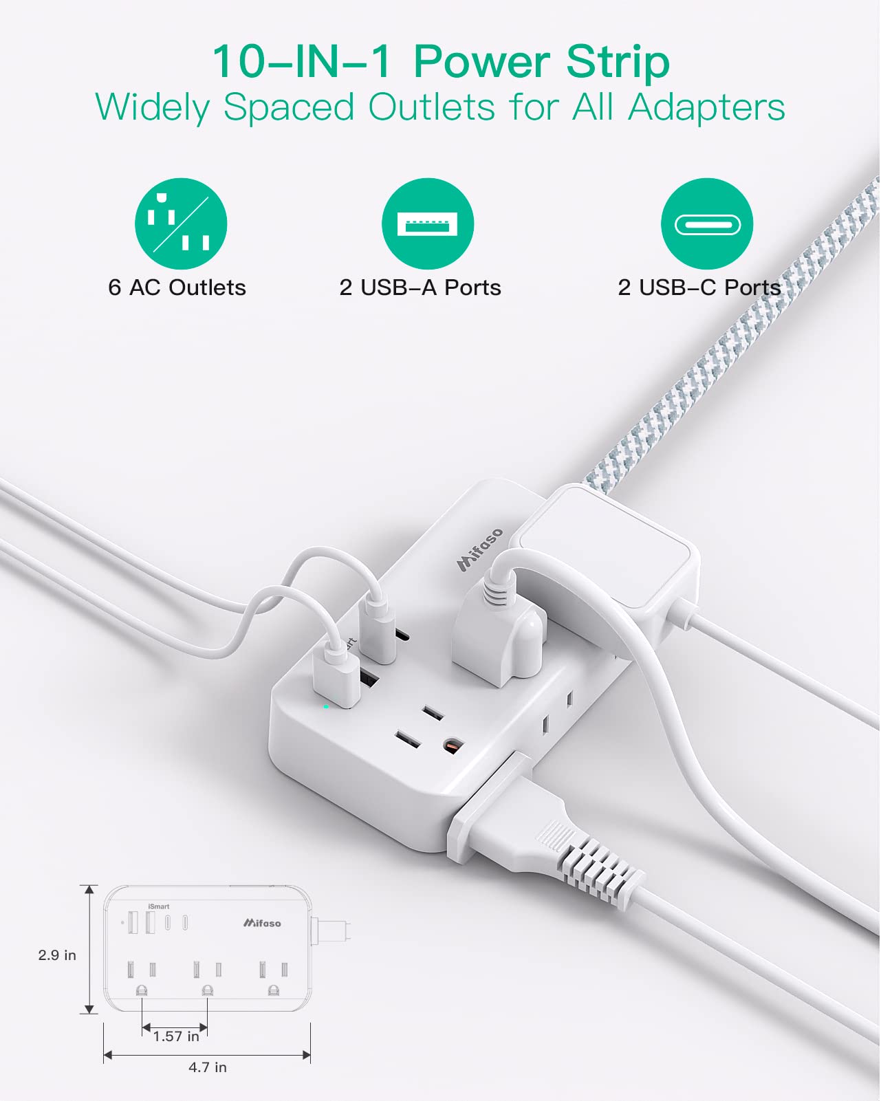 Power Strip Extension Cord - 6 Outlets and 4 USB (2 USB C), 5Ft Braided Cord with Ultra Thin Flat Plug, Wall Mount, Overload Protection, Compact for Travel, Cruise Ship, and Dorm Room Essentials