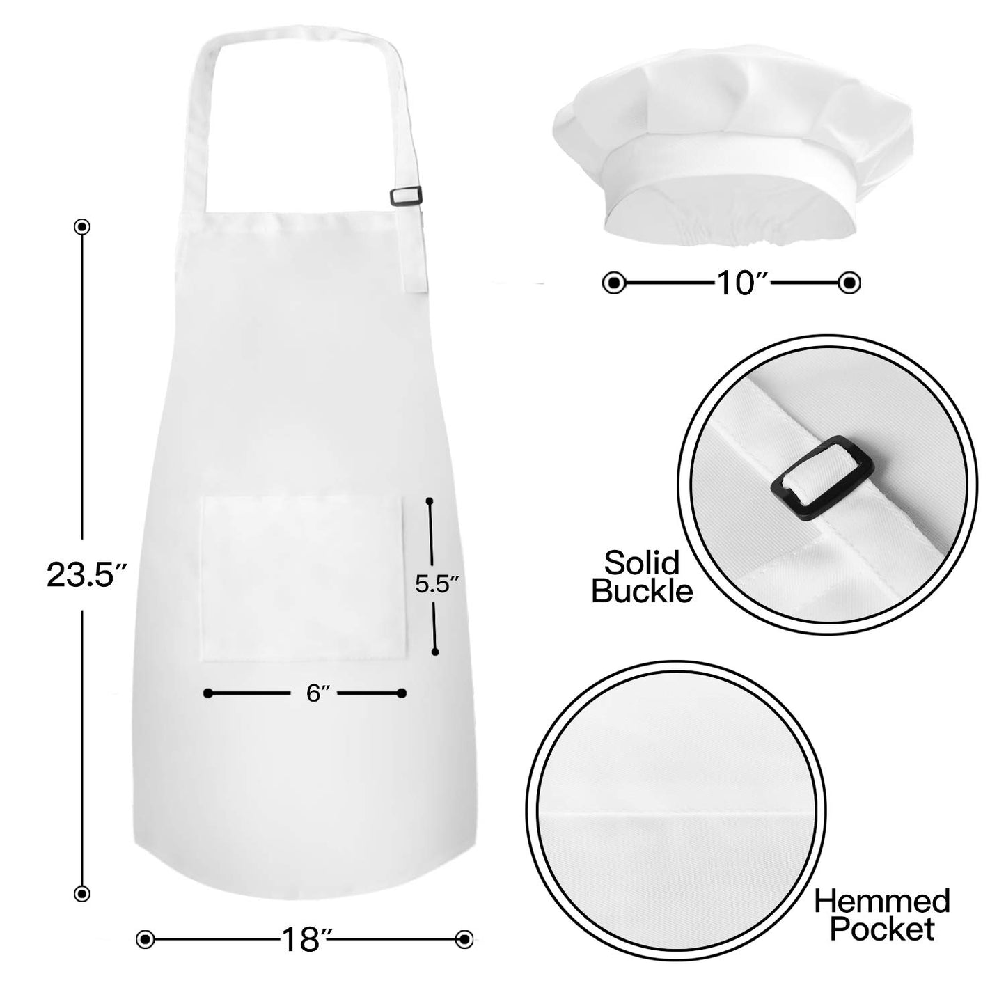 Novelty Place Kid's Apron with Chef Hat Set (3 Set) - Skin-friendly Children’s Bib with Pocket - Cooking, Baking, Painting, Training Wear - Kid's Size (6-12 Year, White)