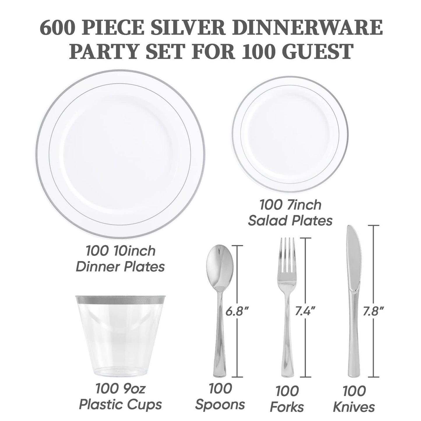 FOCUSLINE 600 Ct Silver Dinnerware Set for 100 Guests - Silver Rimmed Disposable Plastic Plates, Includes 100 Dinner & Salad Plates, Cups, Cutlery Set for Wedding Parties