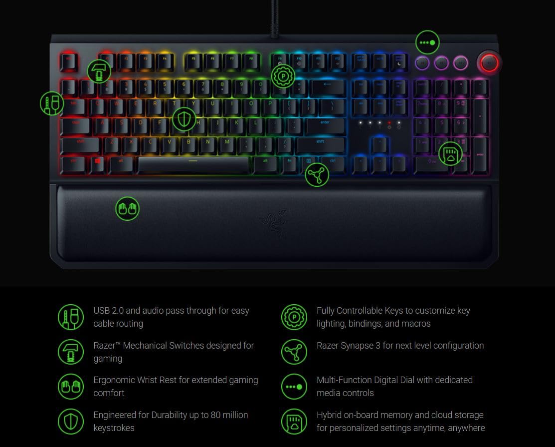 RAZER BlackWidow Elite: Esports Gaming Keyboard - Multi-Function Digital Dial with Dedicated Media Controls - Ergonomic Wrist Rest - RAZER Green Mechanical Switches (Tactile and Clicky) (Renewed)