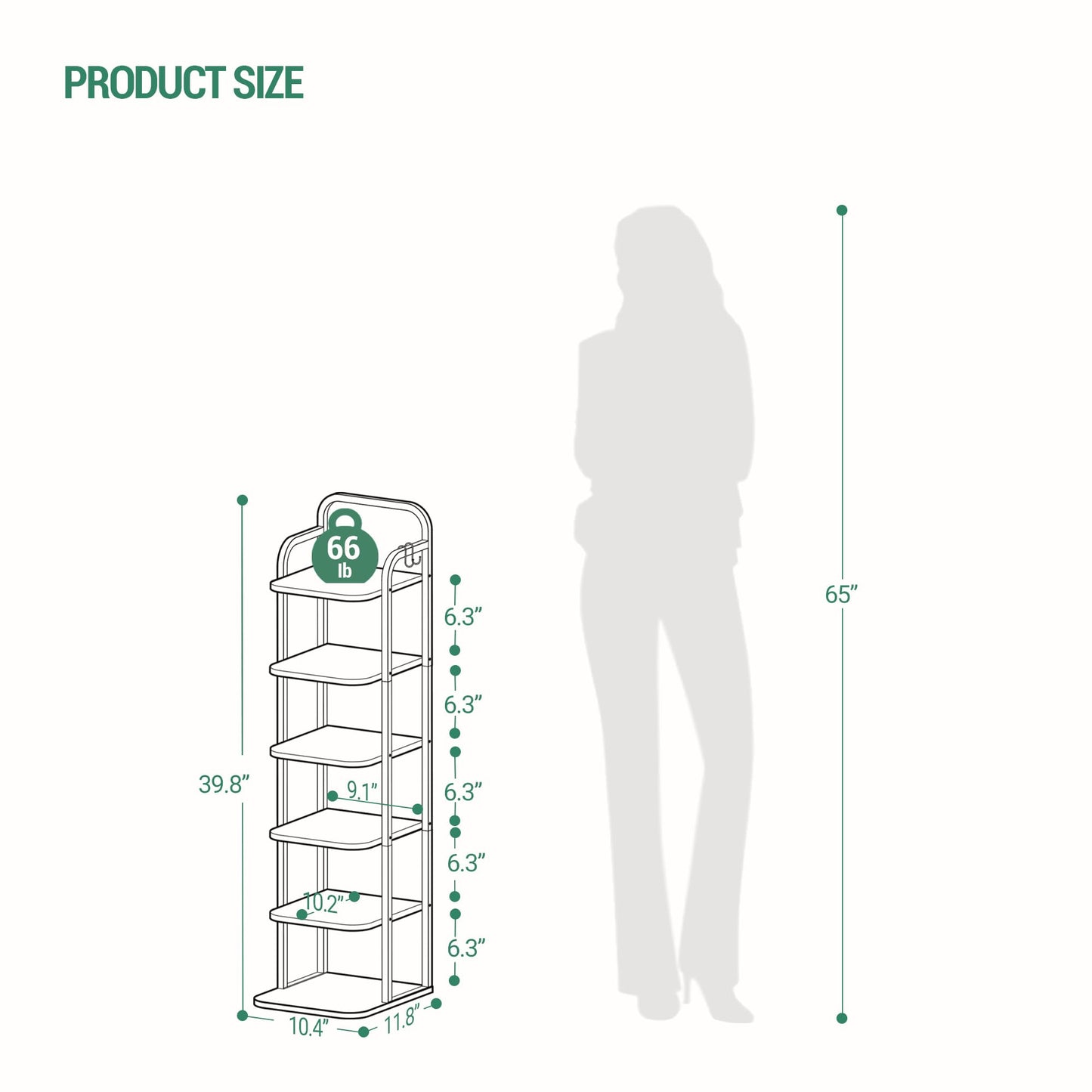 Hzuaneri 6 Tiers Vertical Shoe Rack, Narrow Shoe Tower, Tall Shoes Shelf with 2 Hooks, Adjustable Shelves, Corner Shoes Shelves for Small Spaces, Entryway, Living Room, White SR04213W