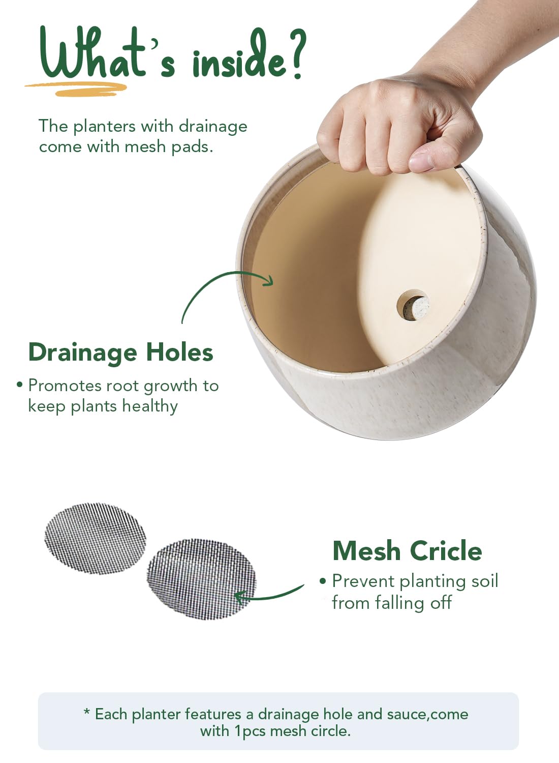 LE TAUCI Plant Pots, 4.1+5.1+6.5 inch, Set of 3, Ceramic Planters with Drainage Hole and Saucer, Indoor Flower Pot with Hole Mesh Pad, Gifts for Mom, Reactive Glaze Beige