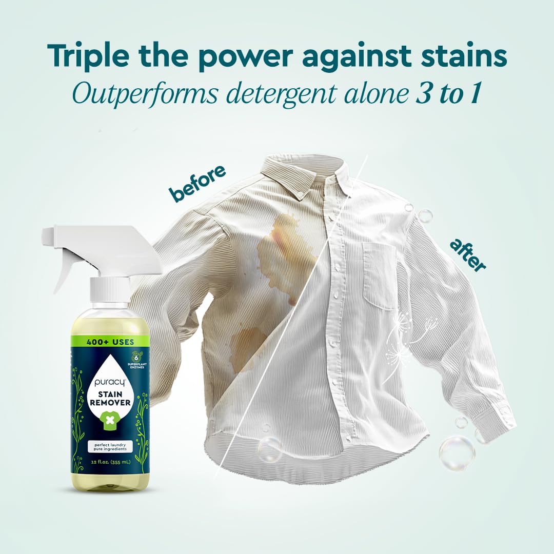 Puracy Stain Remover Spray, Natural Based Travel and Laundry Stain Cleaner for Clothes, Baby Essentials, Kids Stains, Oil and Fabric Spot Cleaner (Unscented, 12 oz)