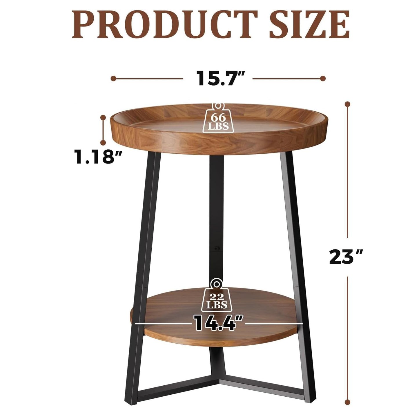 Gadroad Round End Table with Storage Shelf, 2 Tier Farmhouse Side Table Nightstand for Living Room, Bedroom, Wood Tabletop & Black Metal Frame, Brown 15.7 * 15.7 * 23.0inches