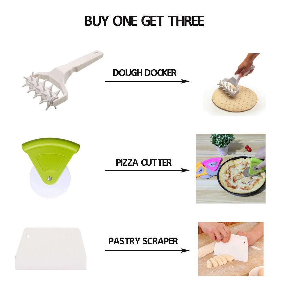 Meta-U Time-Saver Pizza Dough Roller Docker - Dough Blistering Killer - Buy One Get Three (Pizza Cutter and Pastry Scraper) - Gift Package