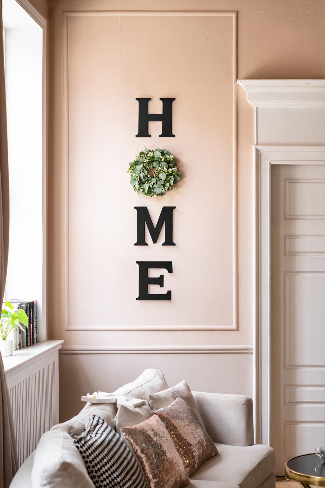 Mkono Farmhouse Wall Home Sign with Artificial Eucalyptus for O Rustic Wooden Hanging Letters Decorative Wall Art Decor for Living Room Kitchen Entryway Housewarming Gift, Black