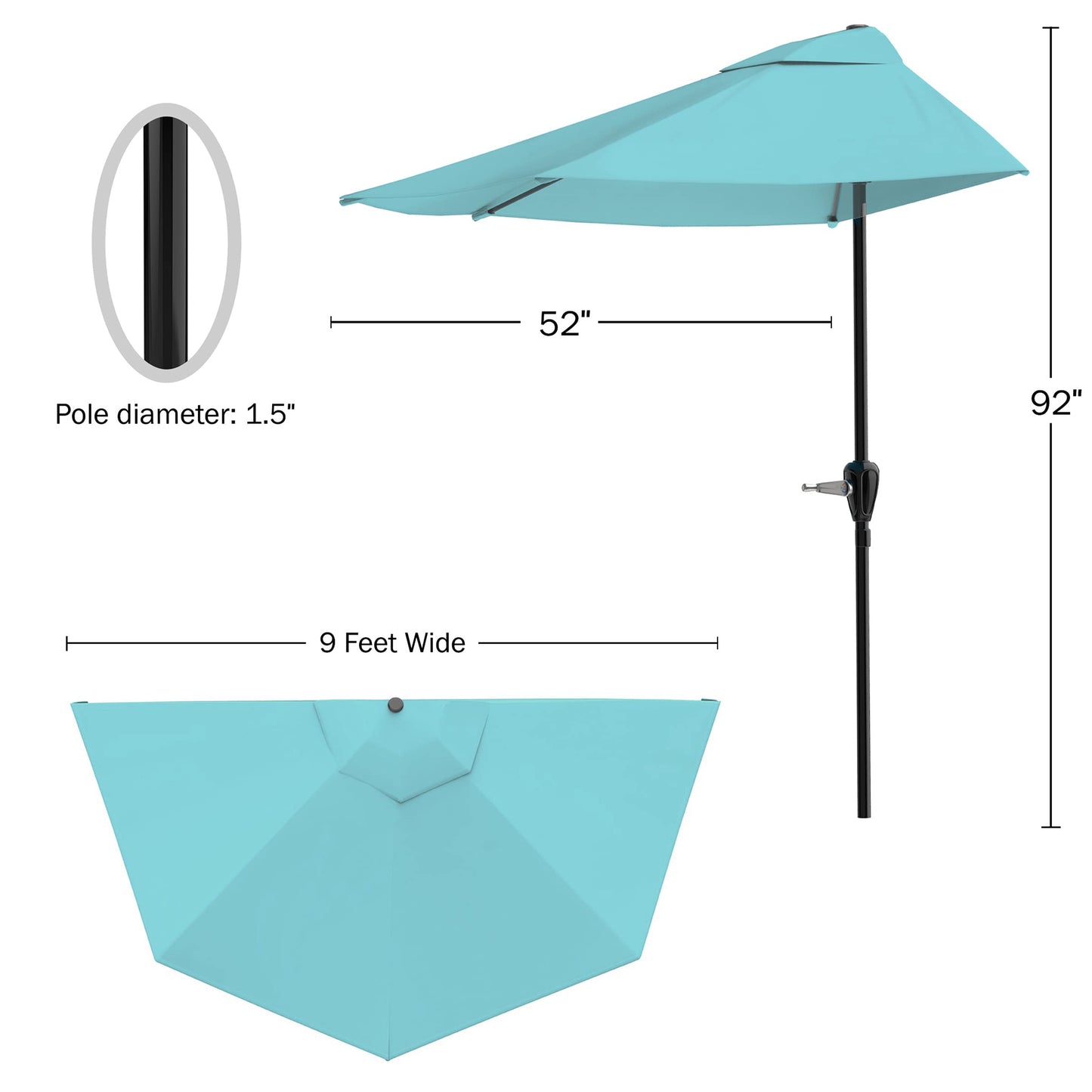 Half Umbrella Outdoor Patio Shade - 9 ft Patio Umbrella with Easy Crank - Small Canopy for Balcony, Table, or Deck by Pure Garden (Blue)