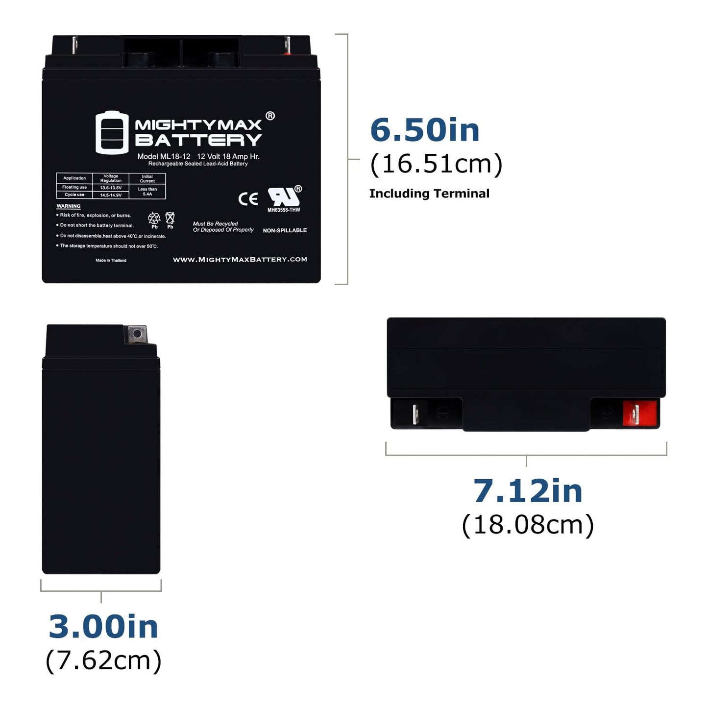 Mighty Max Battery ML18-12 - 12 Volt 18 AH, Nut and Bolt (NB) Terminal, Rechargeable SLA AGM Battery