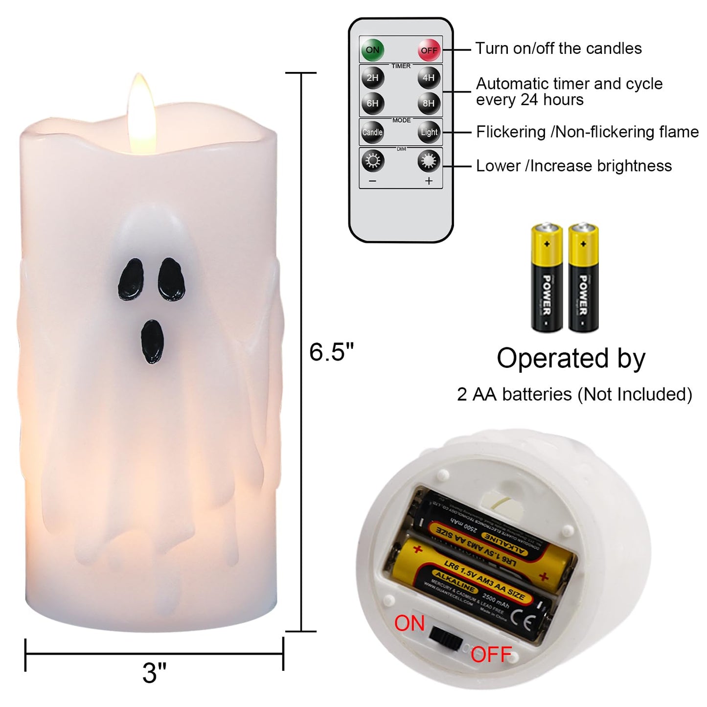 Lasumora Halloween Ghost Flameless Pillar Candles with Remote Timer, Battery Operated LED Candles for Halloween Decorations Indoor Halloween Home Decor Gifts (2 Pack, 3” x 6.5”)