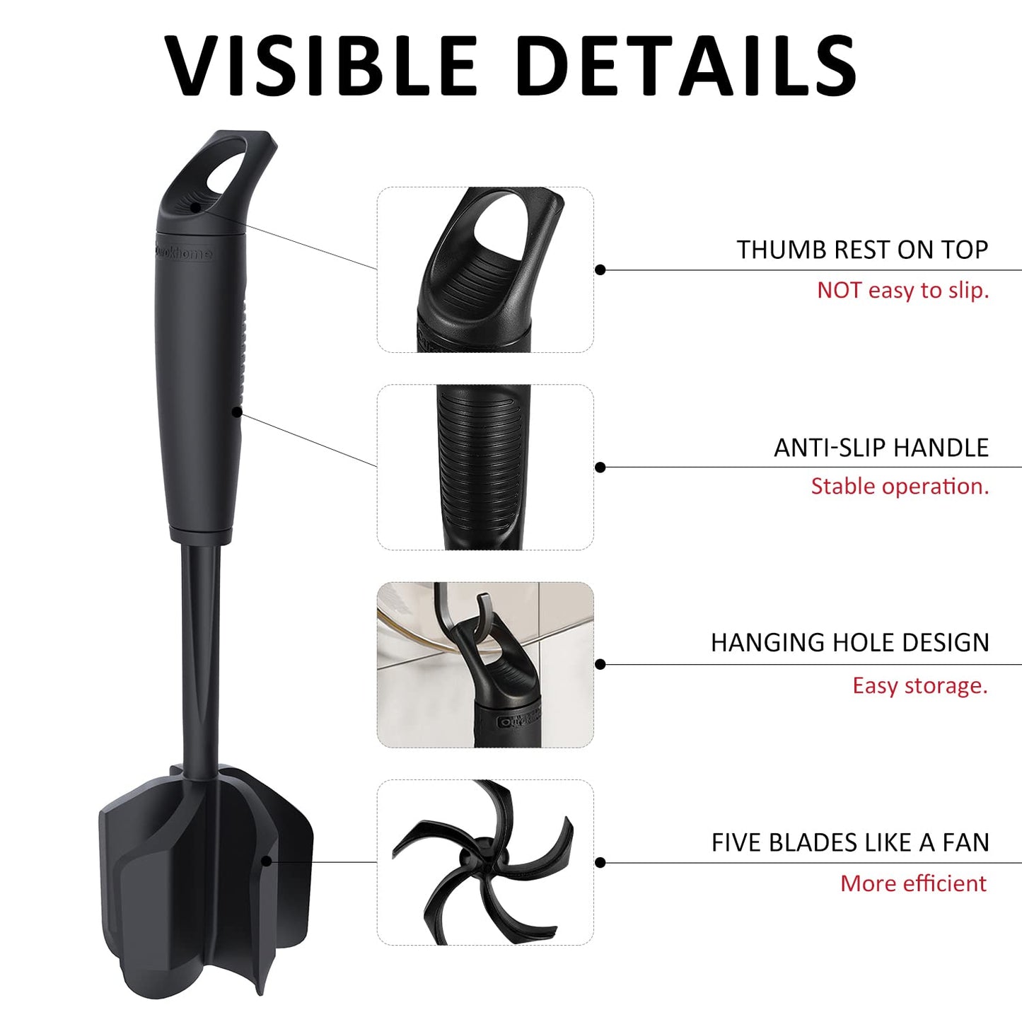 Ourokhome Upgrade Meat Chopper and Potato Masher, Heat Resistant Ground Meat Smasher for Hamburger, 5 Curved Blades Ground Beef Smasher, Nylon Non Stick Mixer, Stirrer and Kitchen Gadgets, Black