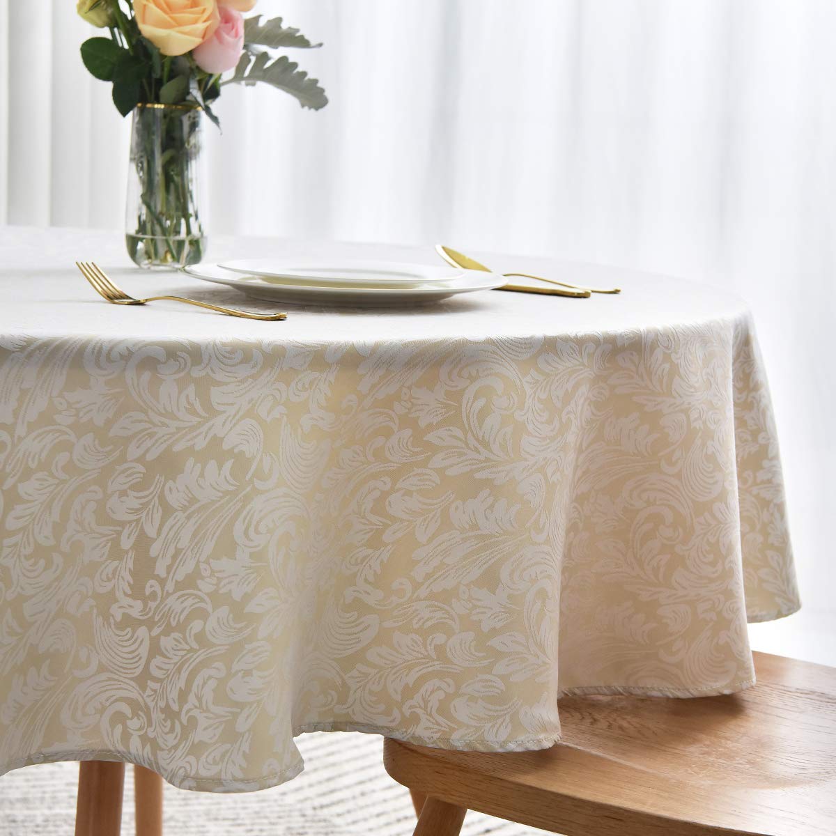 maxmill Jacquard Round Table Cloth Damask Design Waterproof Antiwrinkle Heavy Weight Soft Tablecloths for Circular Table Cover and Kitchen Dinning Tabletop Round 70 Inch Beige with White