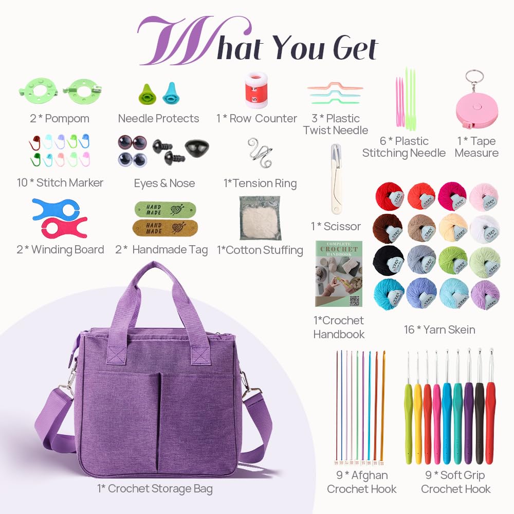 Lewhoo Crochet Kits for Beginner Adults, All Inclusive Crochet Set with 9 Size Crochet Hooks, Afghan Crochet Needles 2.0-6.0mm, 1136 Yards Yarn Skeins Balls,Knitting Kits Storage Organizer