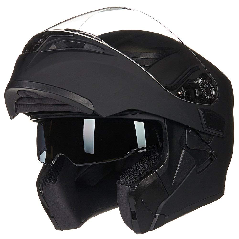ILM Motorcycle Dual Visor Flip up Modular Full Face Helmet DOT LED Light Model 902L (M, Matte Black - LED)