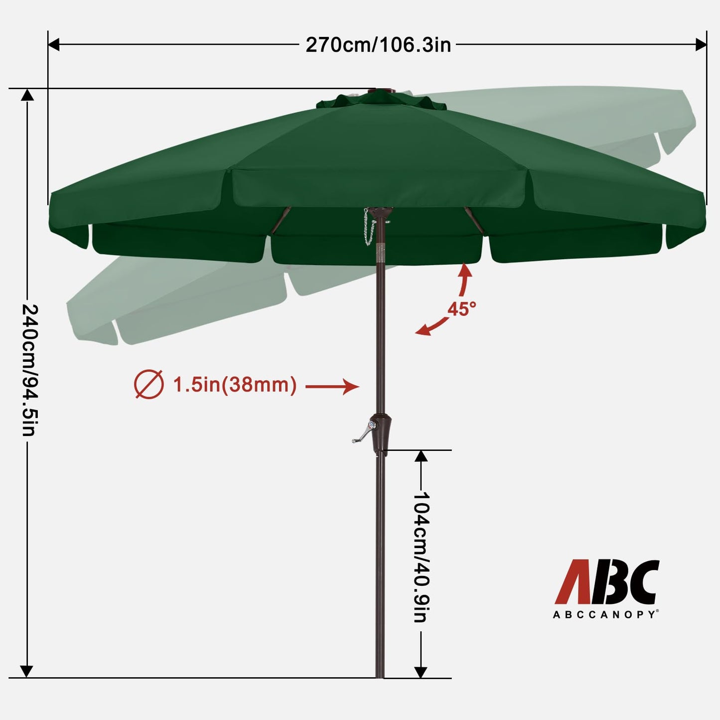 ABCCANOPY 9ft Scalloped Patio Umbrella, Outdoor Table Umbrella with Tilt and Crank, Fiberglass Ribs Deck Umbrella for Patio, Pool, Garden, Picnic (Green)