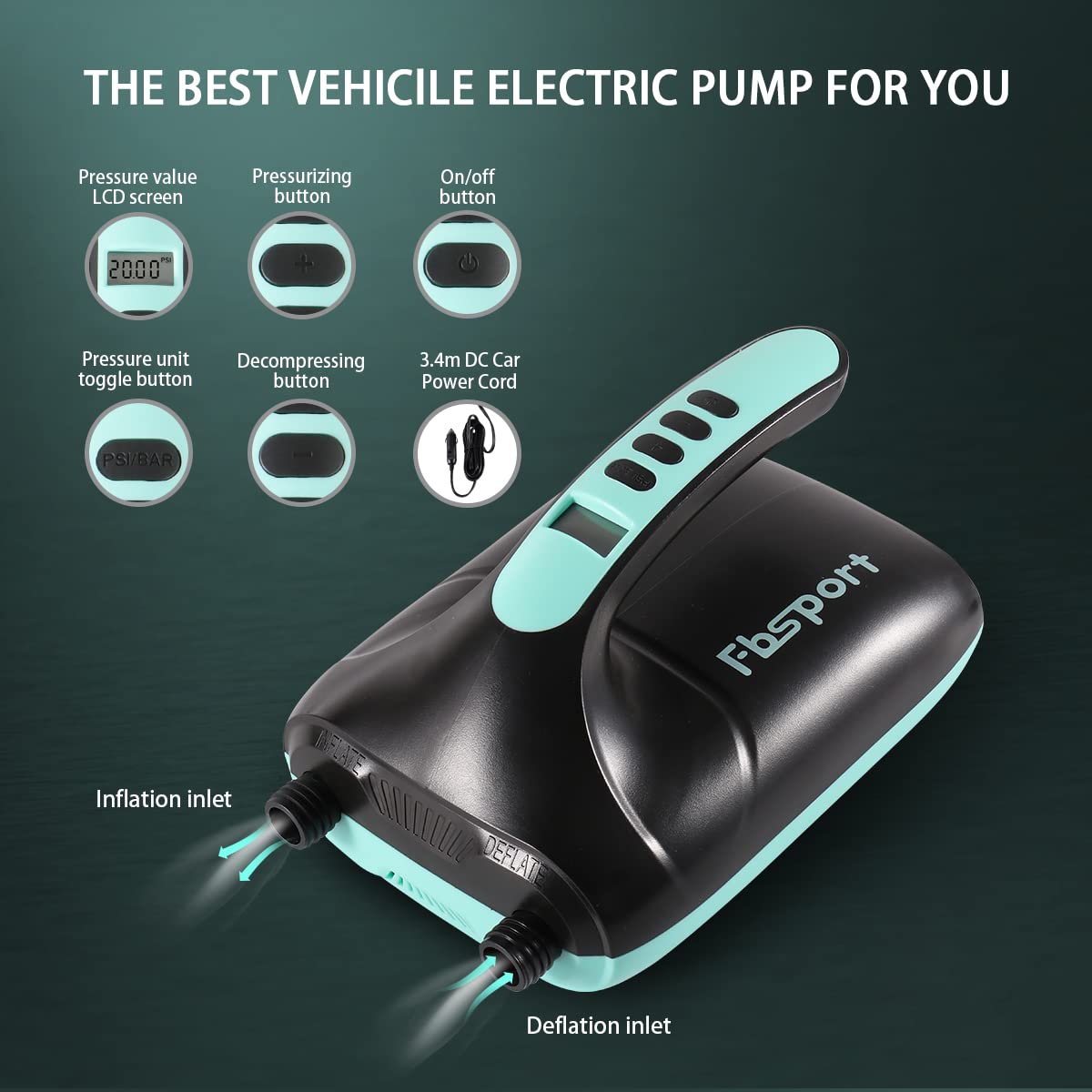 20PSI High Pressure SUP Vehicle Electric Air Pump, Inflation Paddle Board Pump for Stand Up Paddle Boards, Inflation & Deflation Function Quick Air Inflator for Paddleboards (Green)