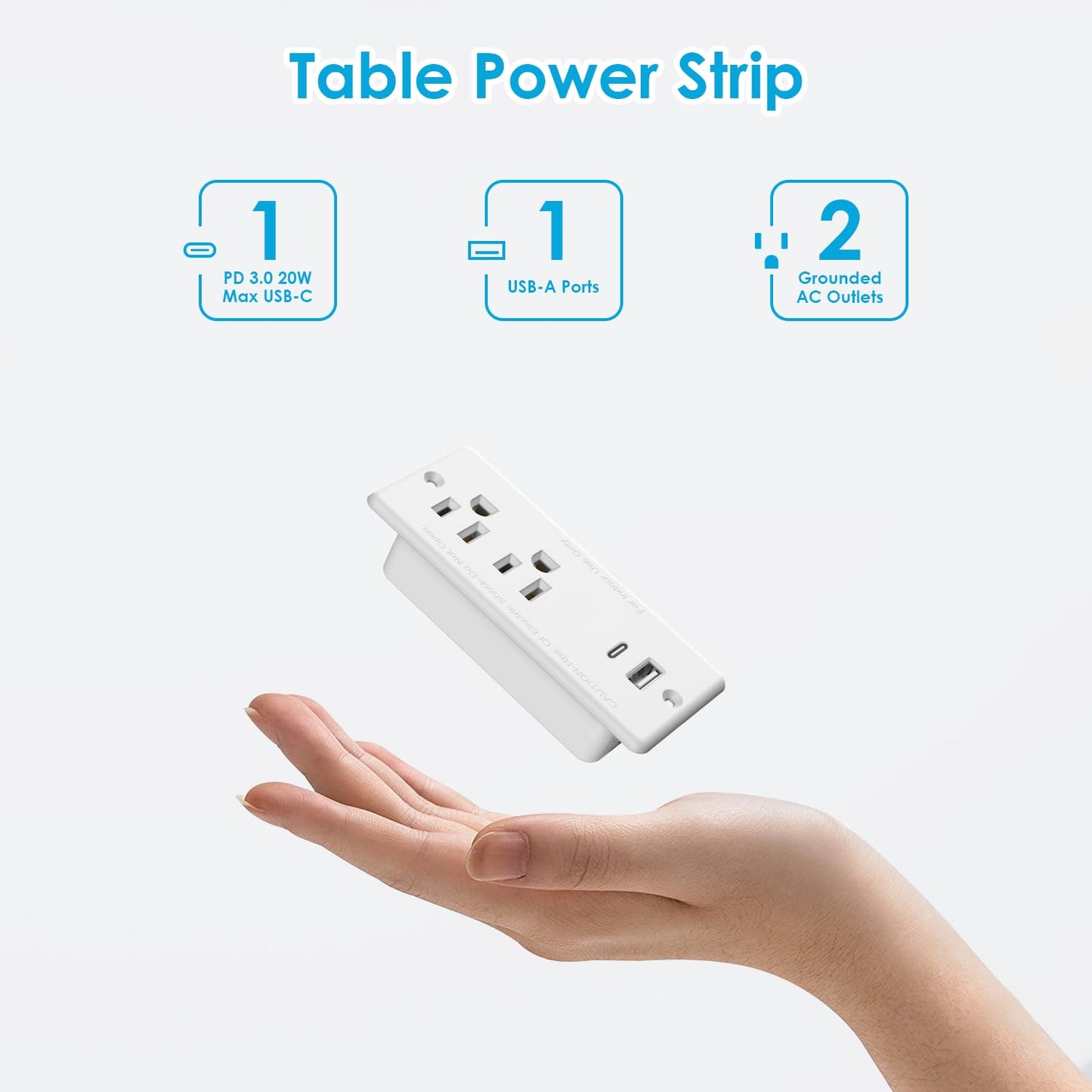 Recessed Power Strip USB C 20W,Flat Plug Ultra Thin Extension Cord,Furniture Desktop Charging Station for Side Table,End Table,Flush-Mount Desk Outlet Power Grommet,10ft Cord (White)