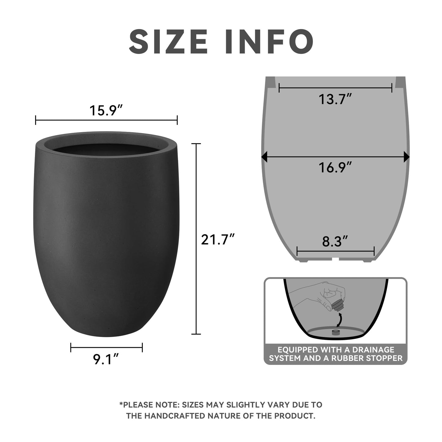 Kante 21.7" H Burnished Black Tall Planter, Large Outdoor Indoor Decorative Pot with Drainage Hole and Rubber Plug, Modern Round Taper Style for Home and Patio