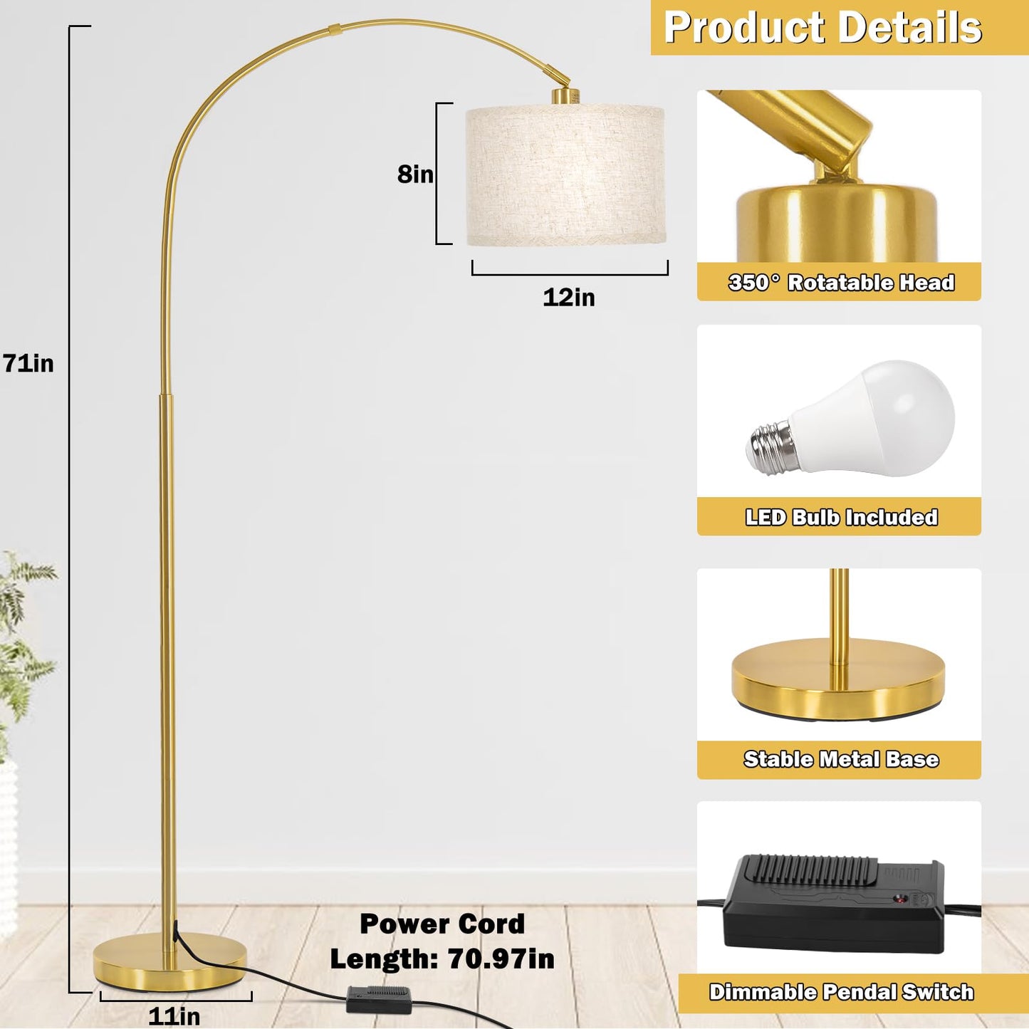 Gold Arc Floor Lamp, Dimmable Floor Lamp for Living Room, Mordern Standing Light with Adjustable Lamp Head, Tall Pole Lamp Over Couch Arched Light for Reading, Bedroom, Office, 9W LED Bulb Included