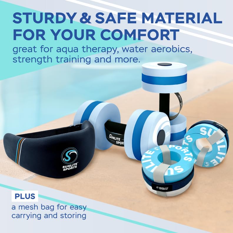 Sunlite Sports Water Workout Combo Set, Aqua Dumbbells, Swim Belt and Aqua Cuffs, Water Weights for Pool Exercise, Water Aerobics Equipment, High-Density EVA Foam for Aqua Jogging and Therapy