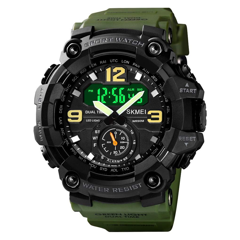 Mens Analog Digital Dual Display Sports Watches Military Multifunctional 50M Waterproof LED Watch with Alarm Stopwatch Backlight 12H/24H Outdoor Running Swimming (Y Army Green)