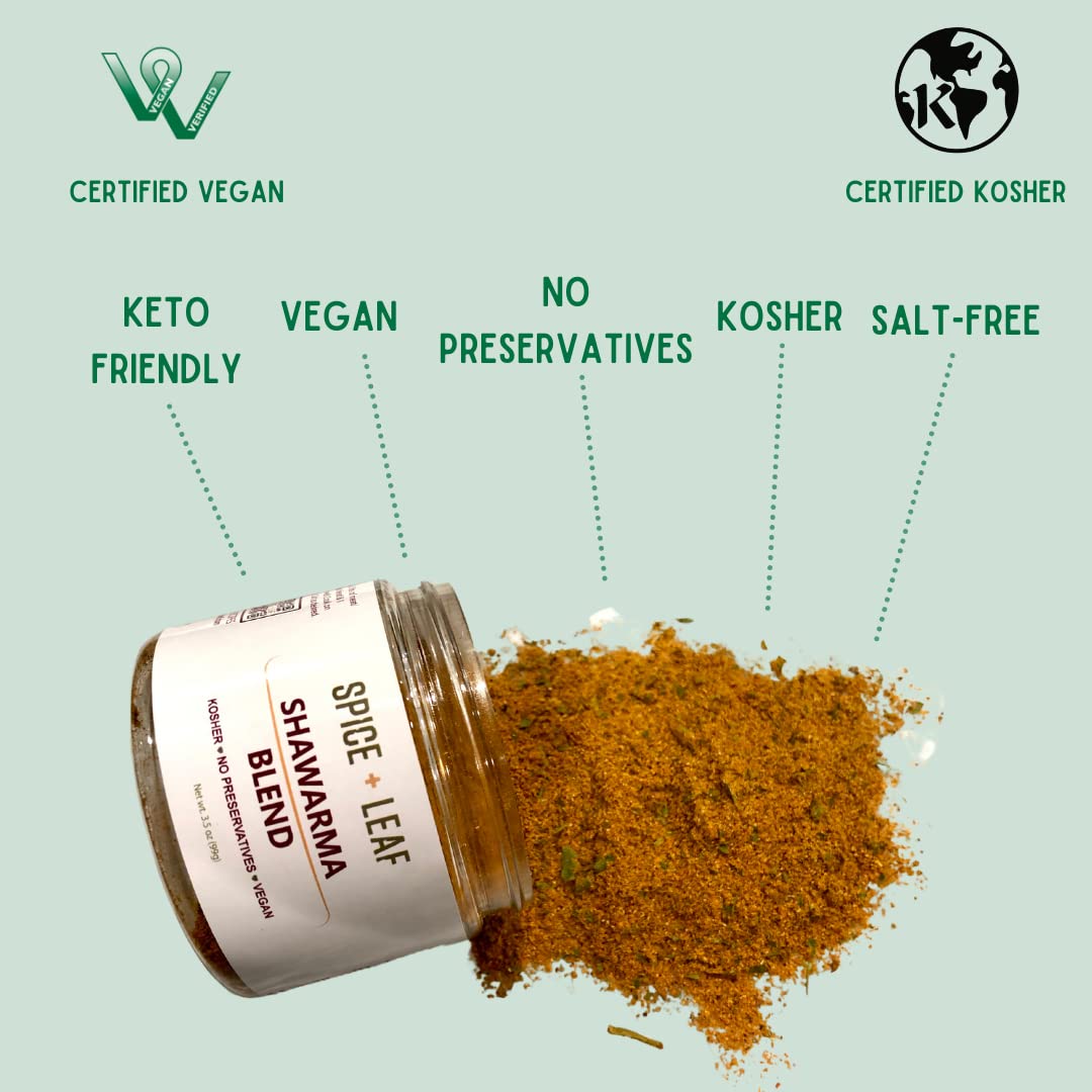 Premium Shawarma Spice Seasoning by Spice + Leaf, 3.5 Oz - Kosher, Vegan Preservative Free Spice Blend for Middle Eastern Flavor. Vegetarian, Dairy Free and Salt Free