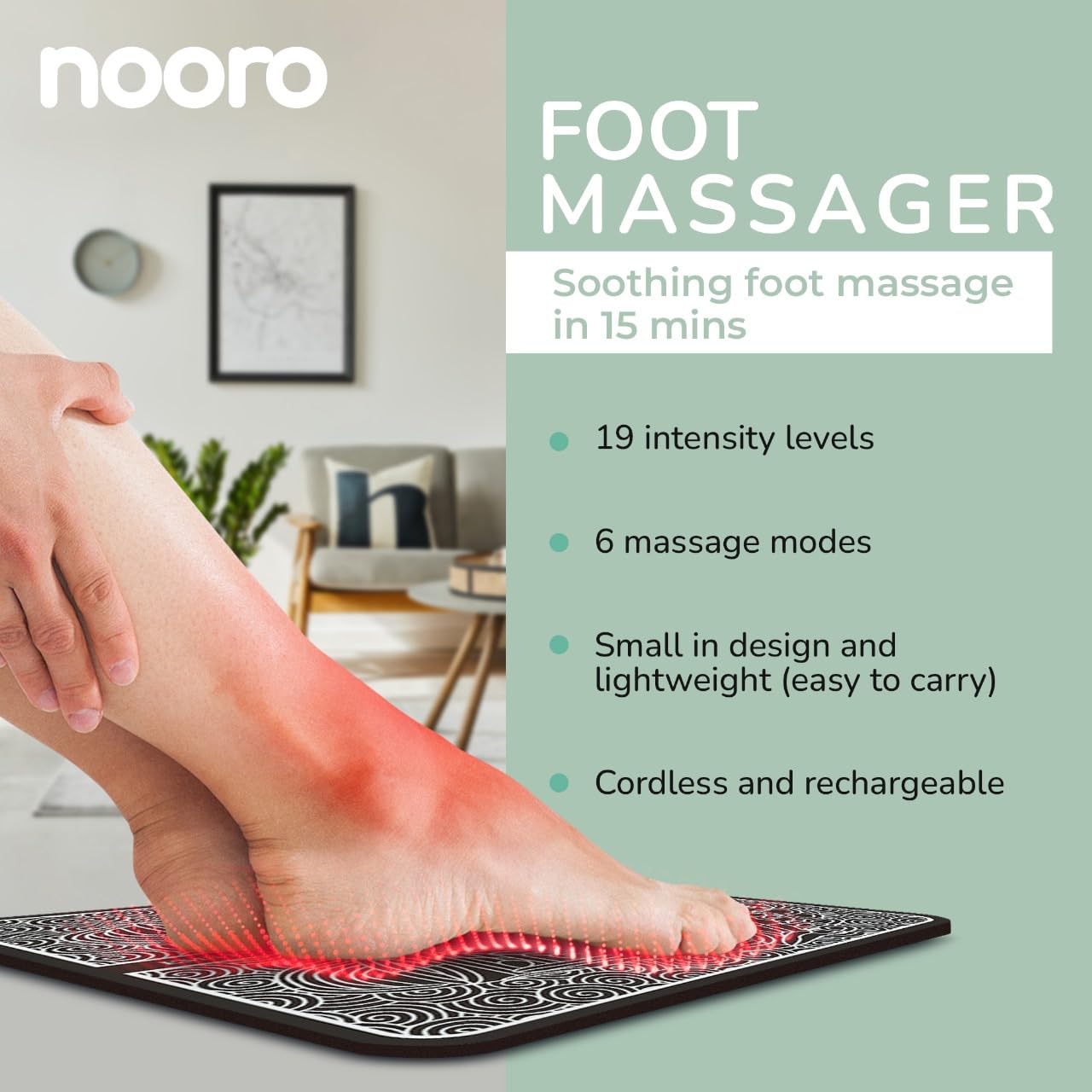 nooro Portable Foot Massager - Soothing Comfort & Revitalization for Tired Feet, 15 Minute Massage with 6 Settings, Pulse Sensation with Deep Tissue Results