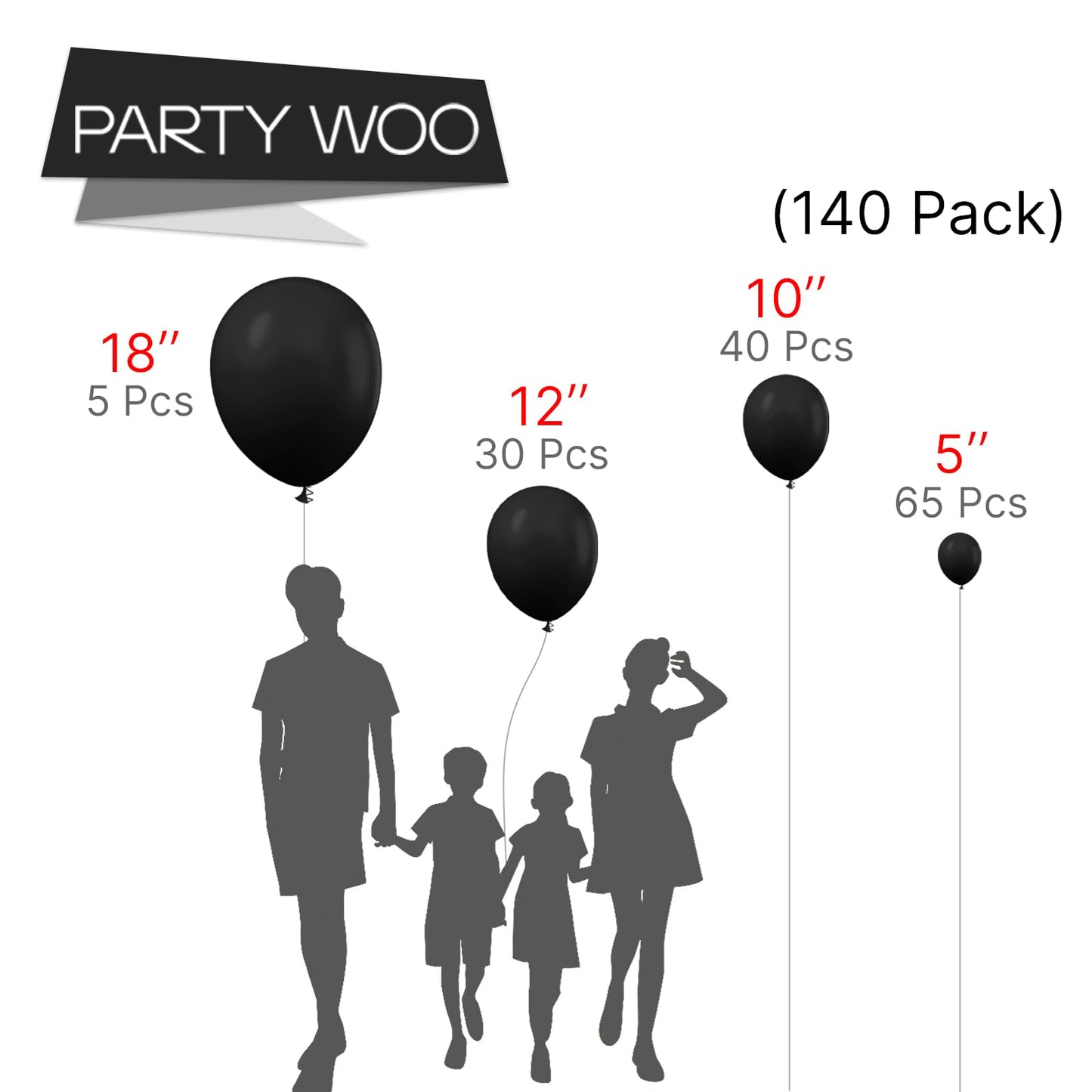 PartyWoo Black Balloons 140 pcs Different Sizes Pack of 18 12 10 5 Inch Matte Black Latex Balloon Arch Kit Garland for Graduation Halloween New Year Anniversary Birthday Party Decorations Black-Y18