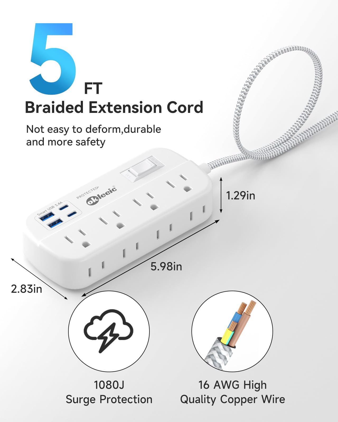 Power Strip with USB, 5Ft Travel Power Strip Surge Protector with 8 Outlets 4 USB(3.4A/17W) Charging Station, 13A/1625W 3 Prong Small Extension Cord Outlet Splitter, Wall Mount for Travel Office Dorm