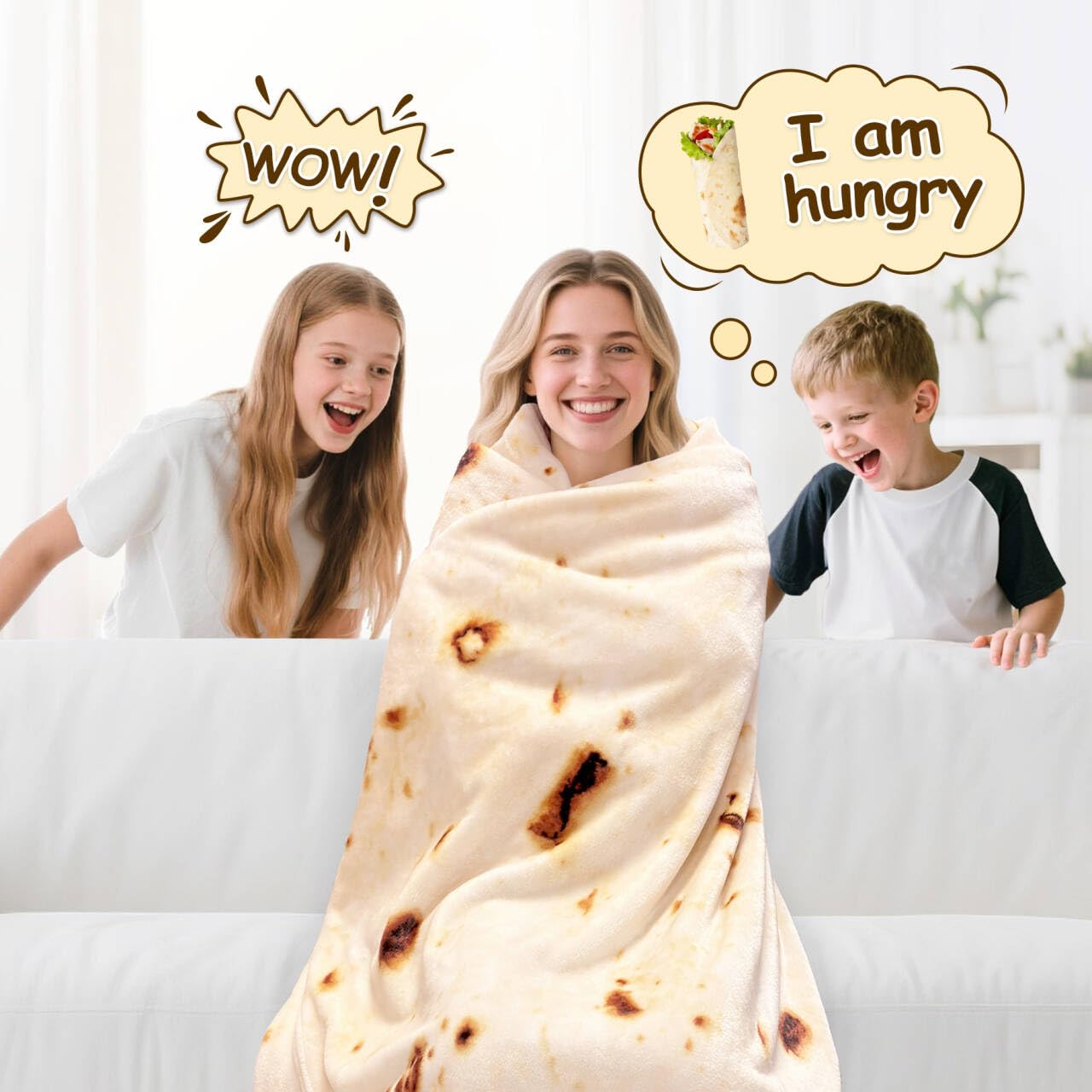 mermaker Burritos Tortilla Throw Blanket 2.0 Double Sided 80 inches for Adult and Kids, Giant Funny Realistic Food Blanket, 285 GSM Novelty Soft Flannel Taco Blanket (Yellow-Double Sided)
