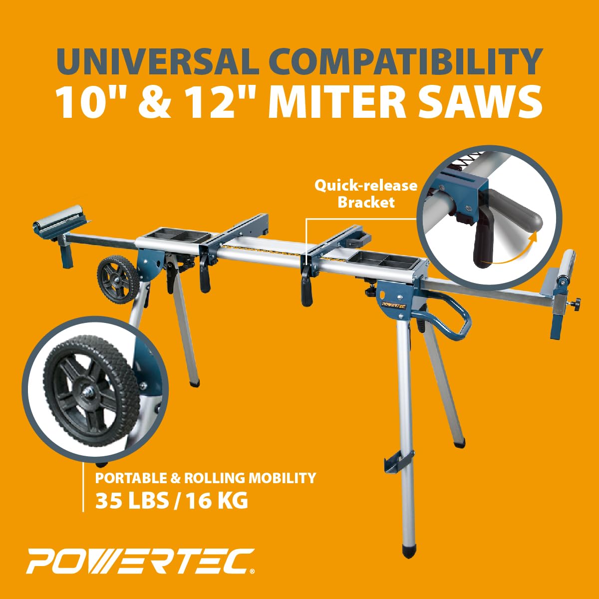 POWERTEC Miter Saw Stand with Wheels, Collapsible and Portable Tool Stand with Systematic Tool Storage Trays, 330Lbs Load Capacity and Quick-Release Mounting Brackets, Miter Saw Accessories (MT4008)