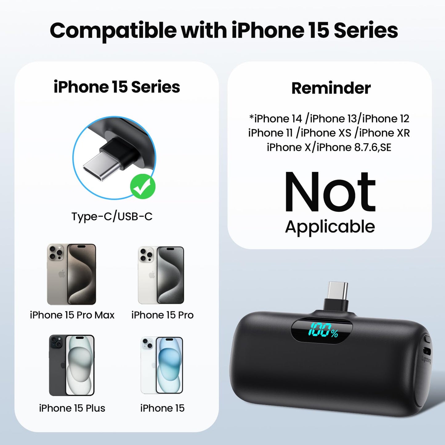 Mini Portable Charger USB C Power Bank,Upgraded 5000mAh PD Fast Charging Battery Pack Built-in USB-C Connector,LCD Display,Compatible with iPhone16,16 Plus,16Pro/Max/15,iPad Pro/Air,Android Phone etc