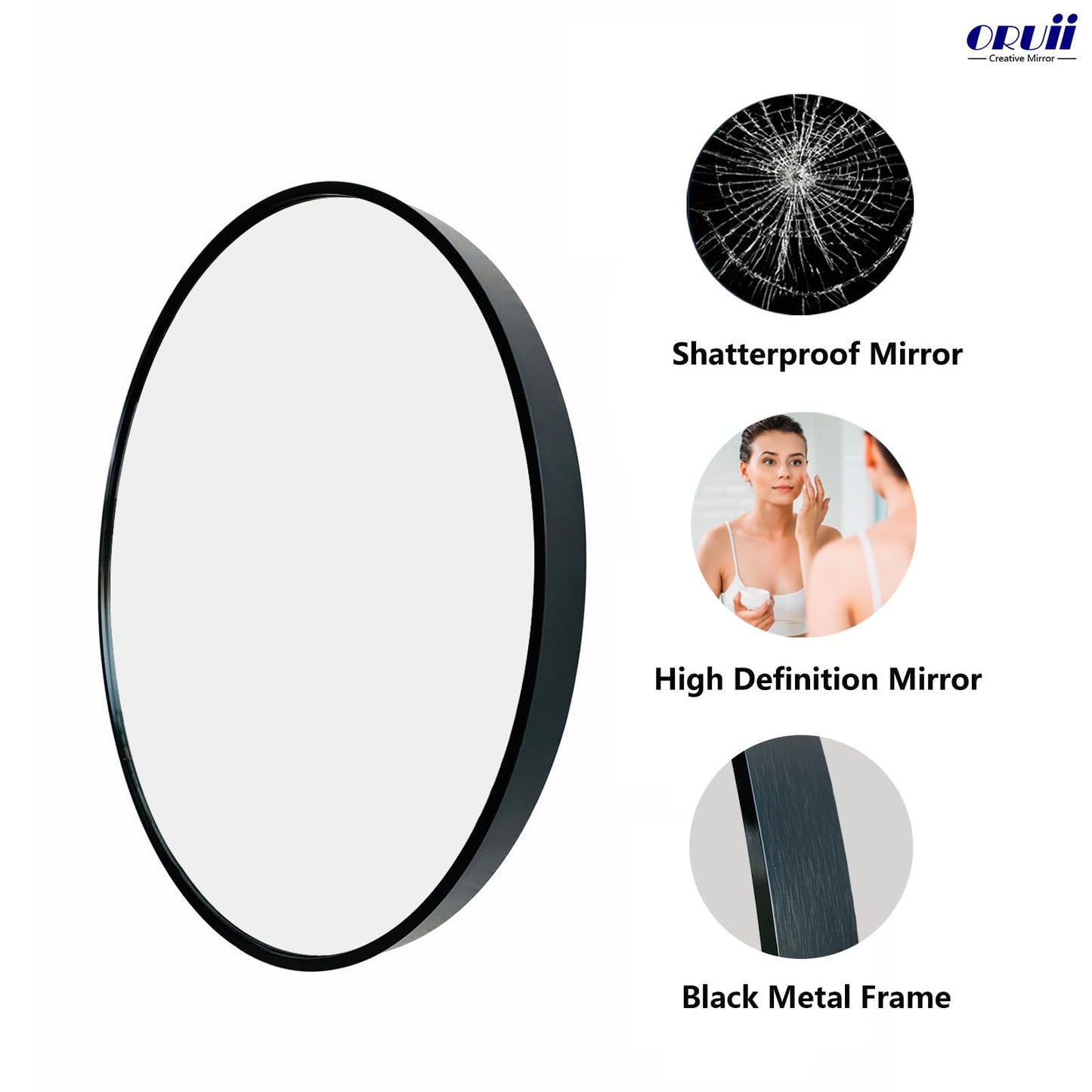 Oruii Round Mirror, Black Round Mirror 24 inch, Circle Wall Mirrors Metal Frame, Circular Mirrors for Wall, Living Room, Bathroom, Vanity, Entryway, Hallway.