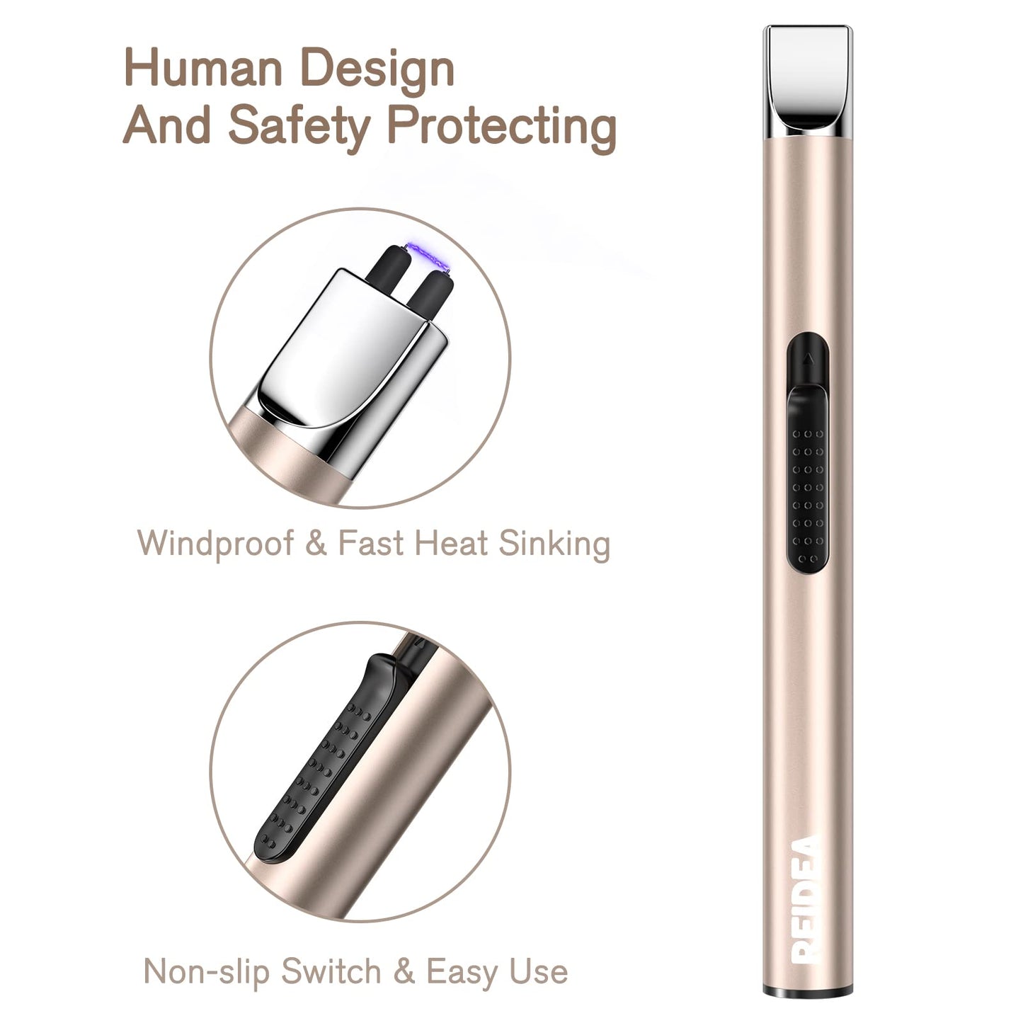 REIDEA Electronic Candle Lighter 2 Pack Arc Windproof Flameless USB Rechargeable with Safe Button for Home Kitchen (Champagne and Rose Gold)