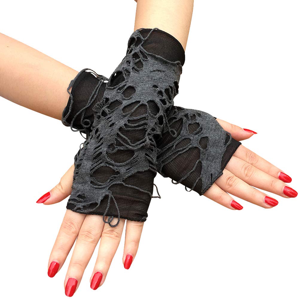 Mrotrida Women's Punk Fingerless Glove Cosplay Ripped Gloves for Halloween Costume Party 1Pair (Black Short Style)