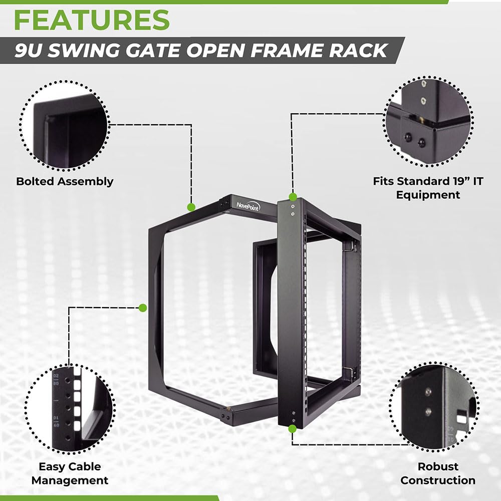 NavePoint 9U Open-Frame Server Rack for 19" IT Network Equipment & A/V Devices Free Standing or Wall Mount with 180 Degrees Gate Swing, Black