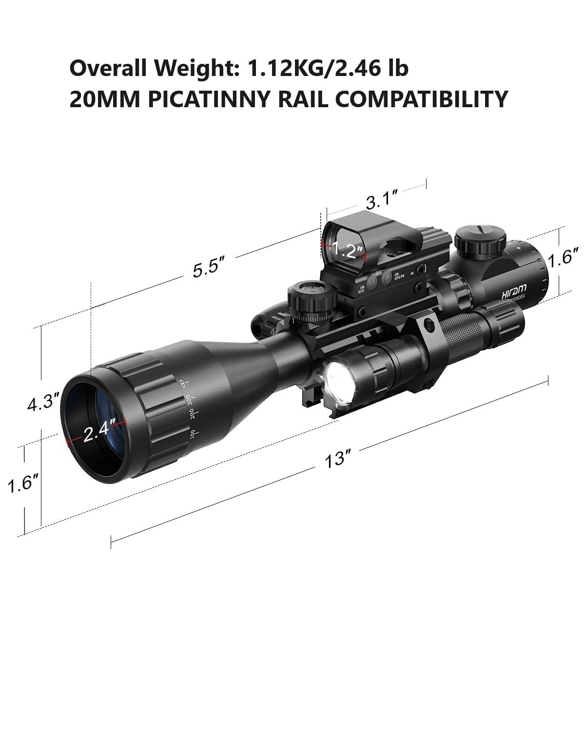 HIRAM 4-16x50 AO Rifle Scope Combo with Green Laser, Reflex Sight, and 5 Brightness Modes Flashlight
