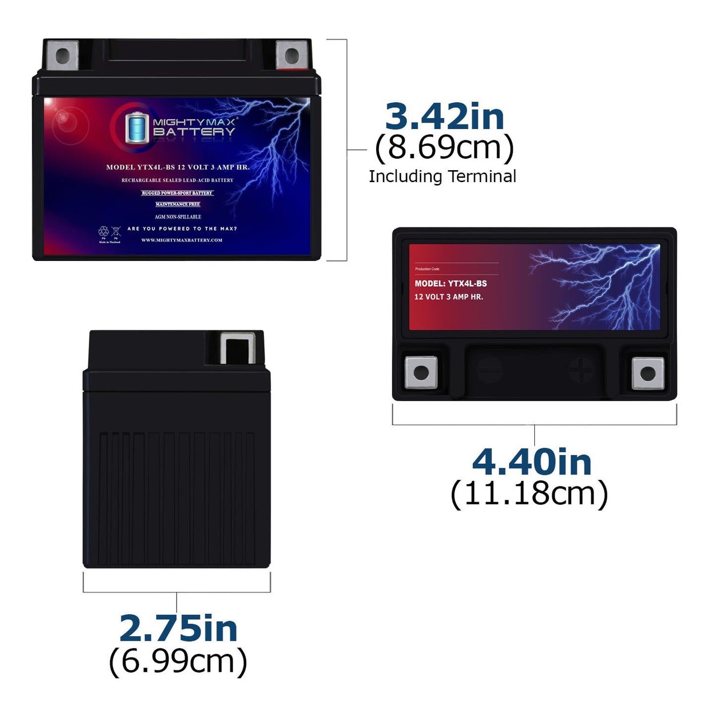 Mighty Max Battery YTX4L-BS - 12 Volt 3 AH, 50 CCA, Rechargeable Maintenance Free SLA AGM Motorcycle Battery