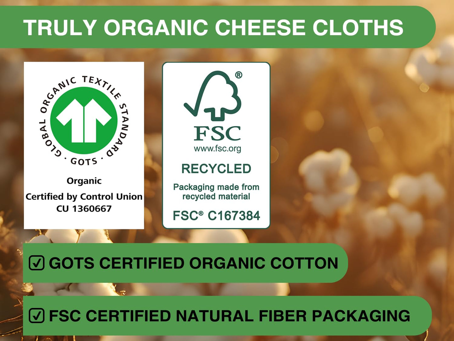 Organic Cheese Cloths, GOTS Certified, Grade 100, 36x36Inch, Reusable Cheese Cloth with Closed Edges Fabric Fine Mesh Cloth, Unbleached Cotton Muslin Cheesecloth for Straining,Cooking,Crafts - 9 Sq.Ft