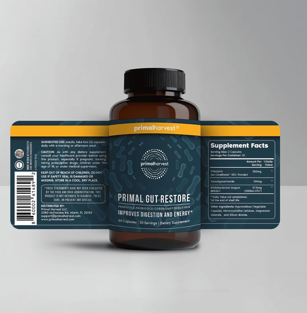 Primal Harvest Restore for Gut Health, Primal Gut Restore w/POSTbiotics, PREbiotics and PRObiotics for Women and Men, 60 CT - Digestion, Colon Cleanse, Immunity Support - Helps Leaky Gut Repair