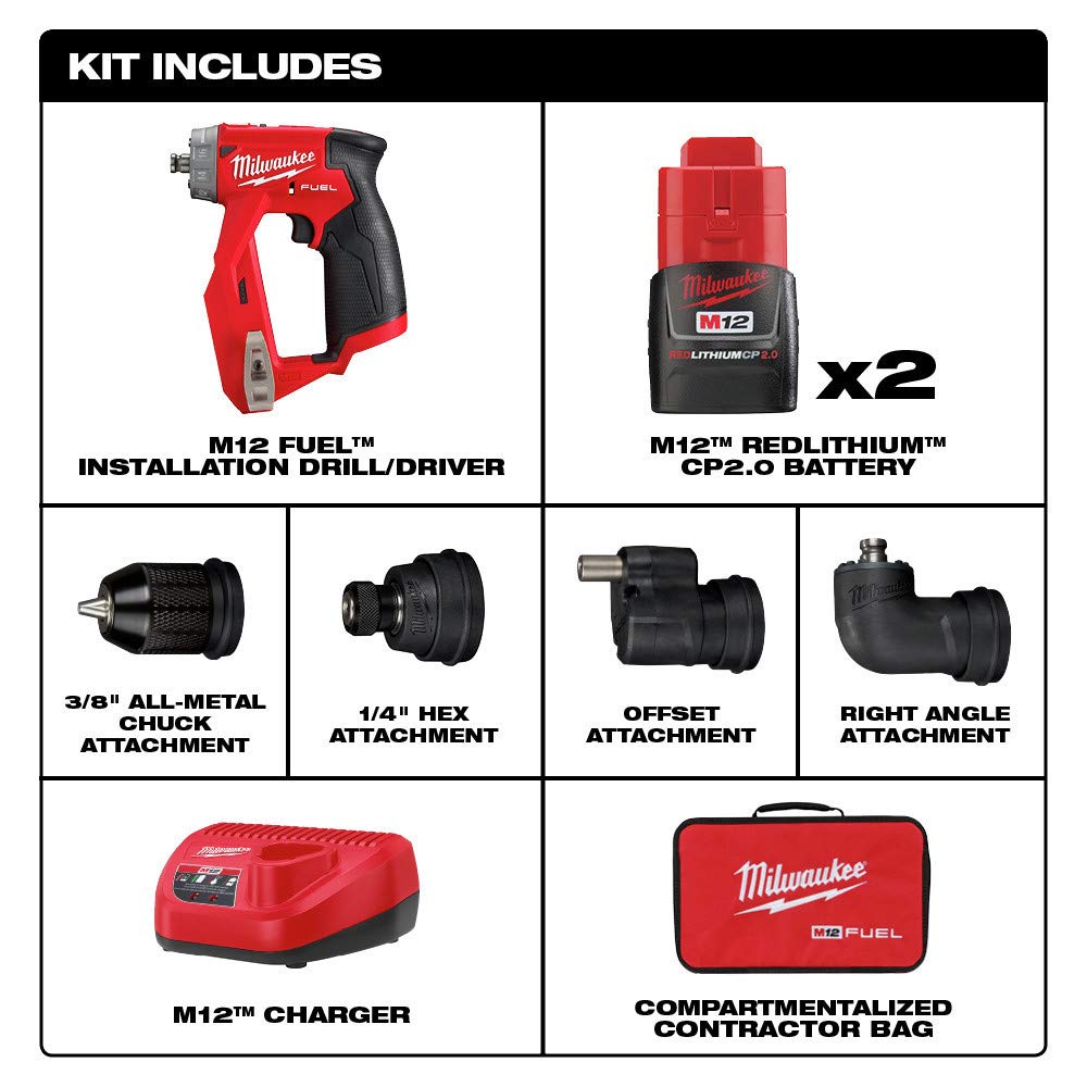 Milwaukee 2505-22 M12 Fuel Installation Drill/Driver Kit, Compact, Forward/Reverse Switch, Keyless Chuck, LED Light, Variable Speed