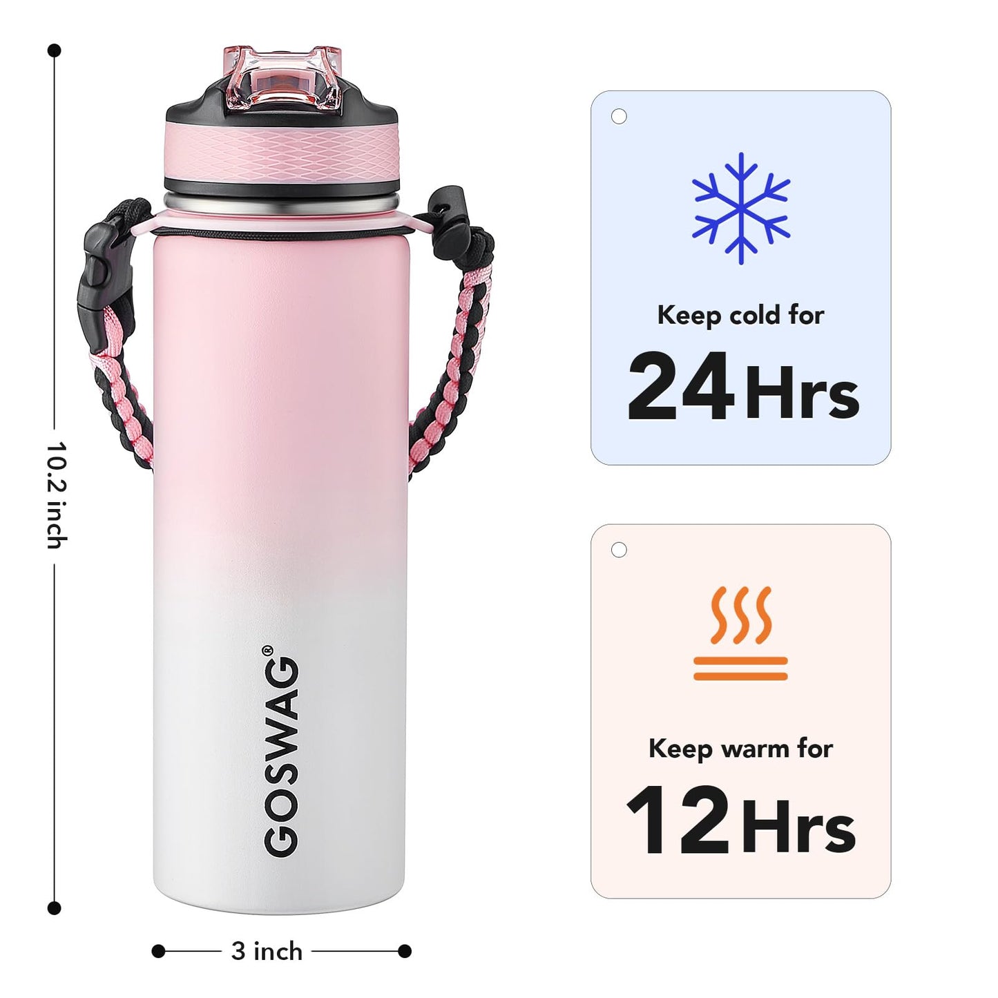 GOSWAG Insulated Sports Water Bottle, 24oz 2 Lids(with Straw/No Straw), Stainless Steel Water Bottles with Paracord Handle, Insulated Bottle with Double-Wall Vacuum Insulation