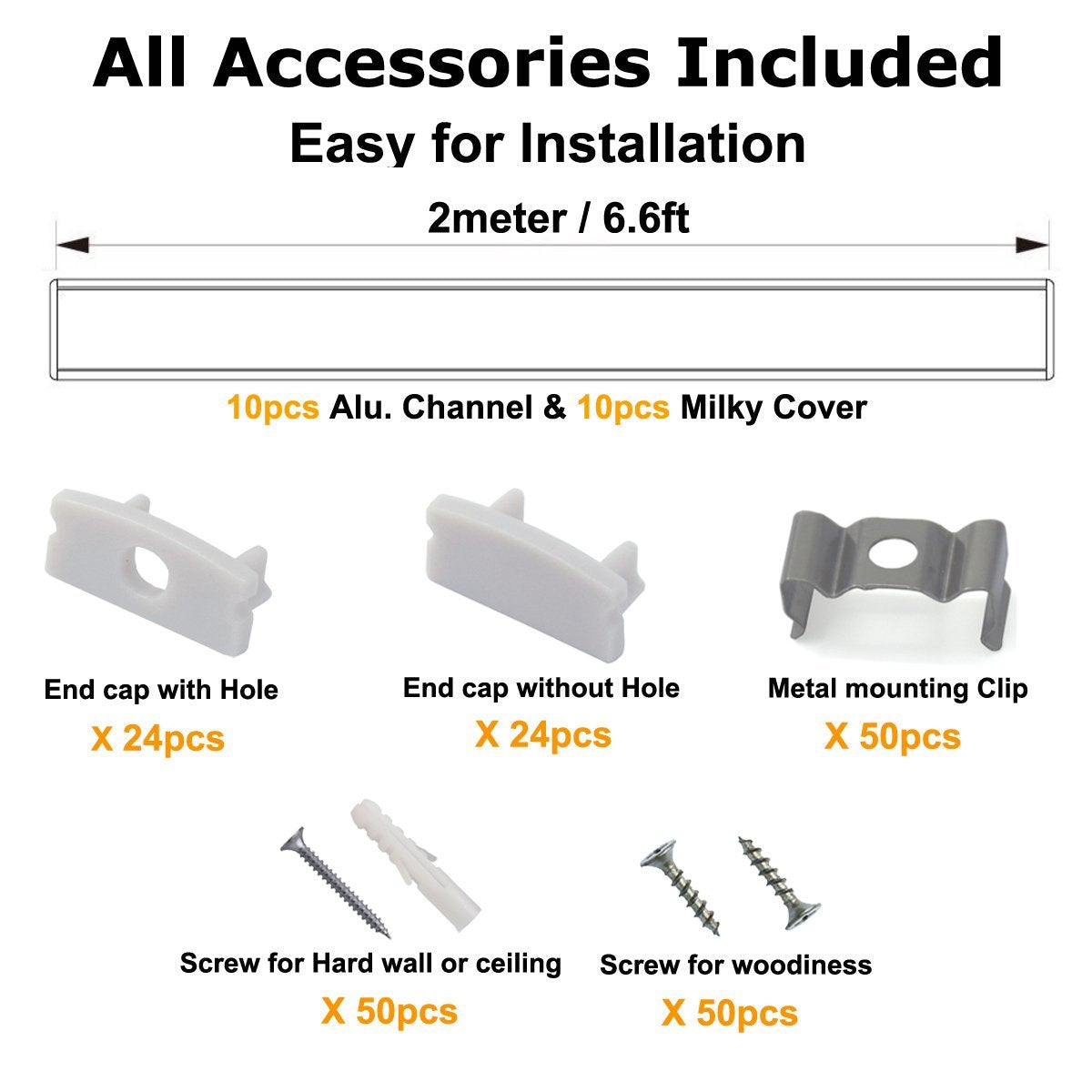 hunhun 10-Pack 6.6ft/ 2Meter U Shape LED Aluminum Channel System with Milky Cover, End Caps and Mounting Clips, Aluminum Profile for LED Strip Light Installations, Very Easy Installation