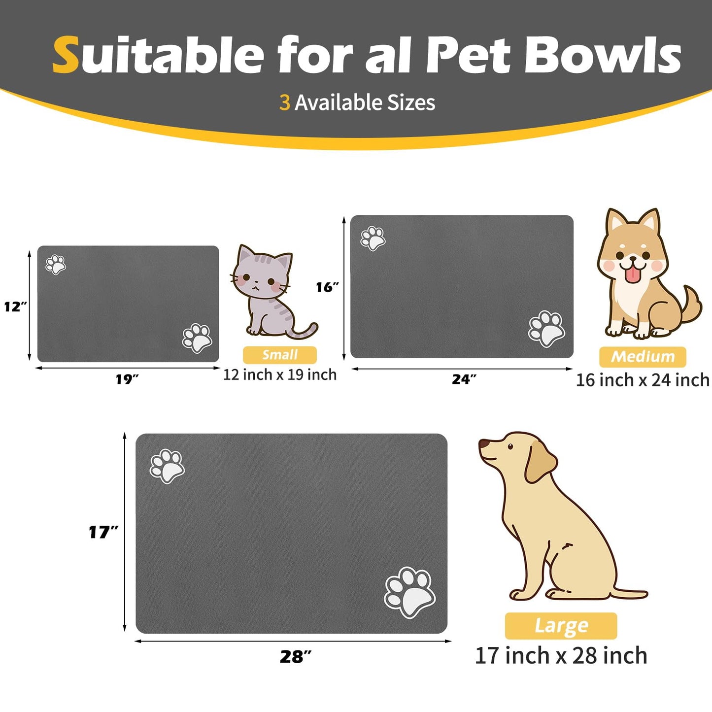 Pet Feeding Mat-Absorbent Dog Mat for Food and Water Bowl-Dog Accessories Pet Supplies-Dog Water Bowl for Messy Drinkers-No Stains Quick Dry Dog Water Dispenser Mat (12"x19", Dark Grey)