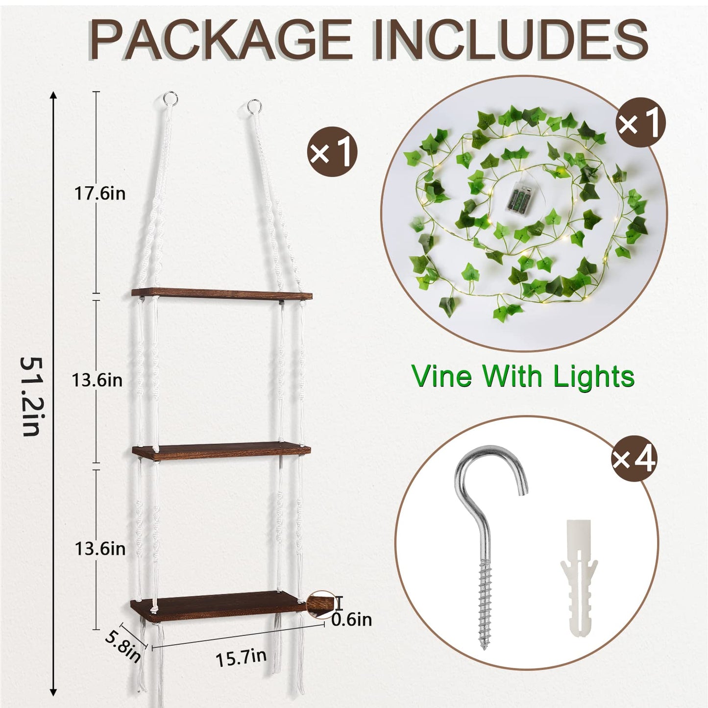 Hanging Shelf with Vine Lights, Macrame Plant Wall Shelf, Wall Storage with Handmade Woven Ropes, 3 Tier Floating Shelf, Boho Room Decor Aesthetic for Succulents, Bedroom, Living Room, Bathroom