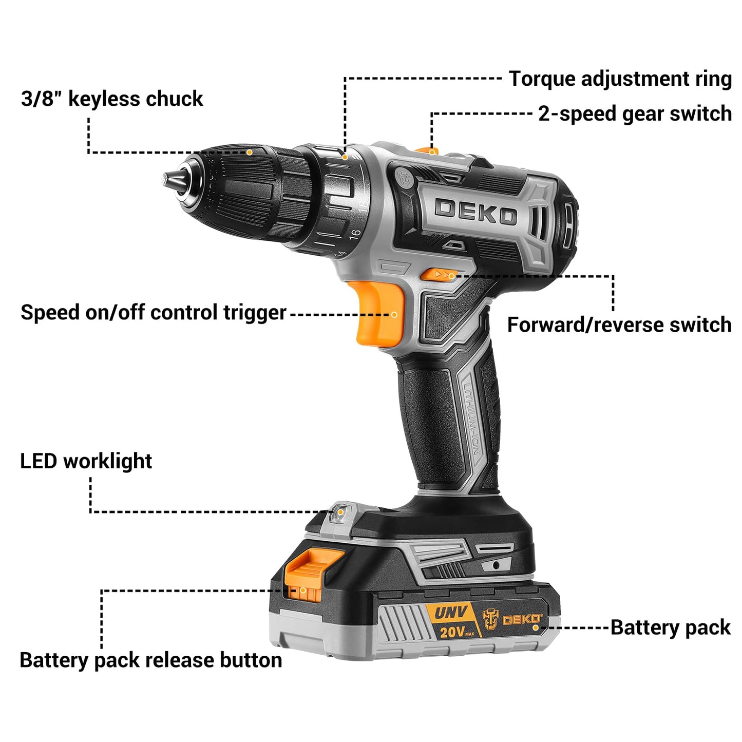 Power Drill Cordless: DEKO PRO Cordless Drill 20V Electric Power Drills Set Tool Drills Cord-less Set with Battery and Charger