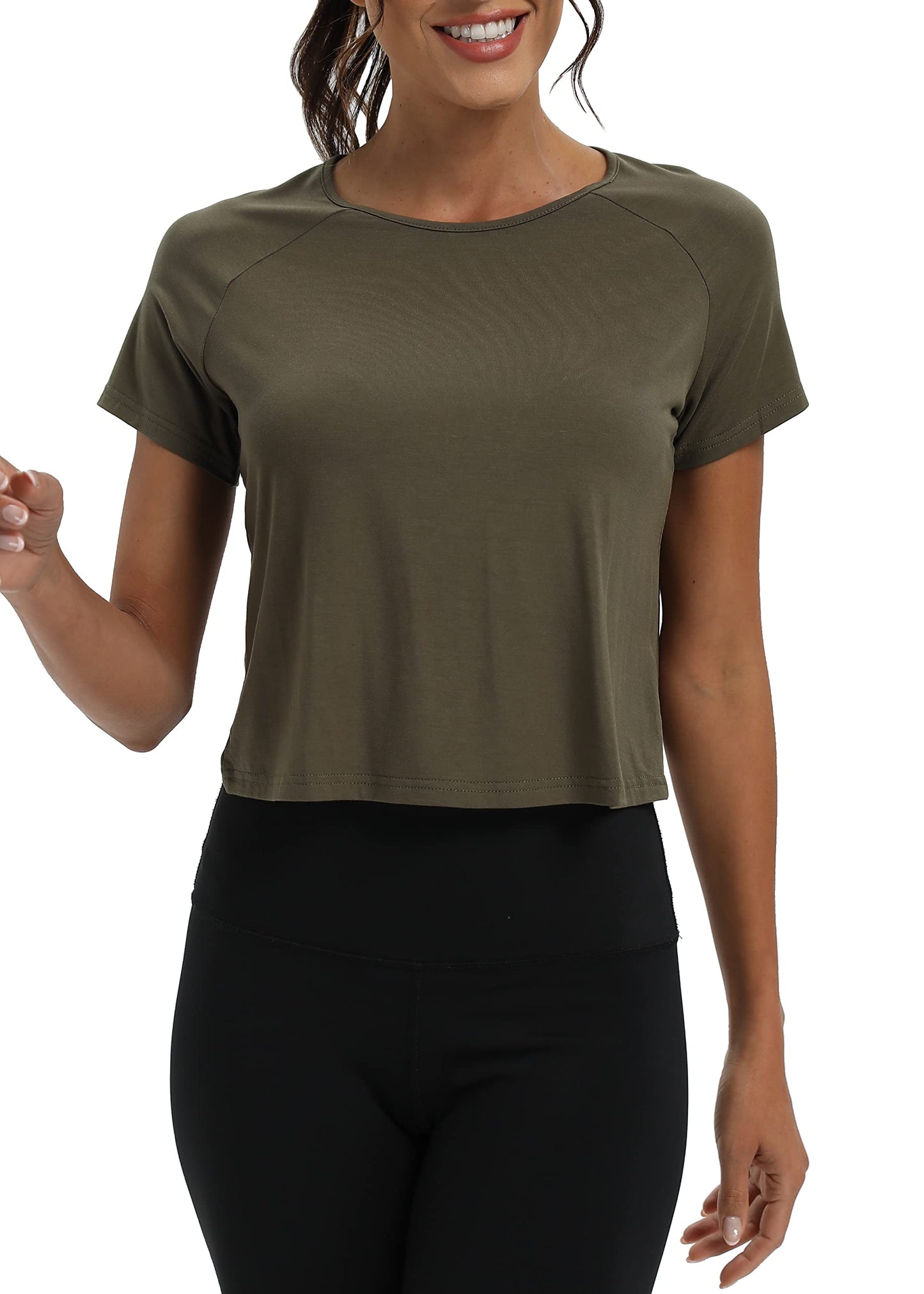 Mippo Short Sleeve Athletic Tops Workout Shirts Exercise Clothes Gym Crop Top Tshirts for Women Loose Fit Army Green M