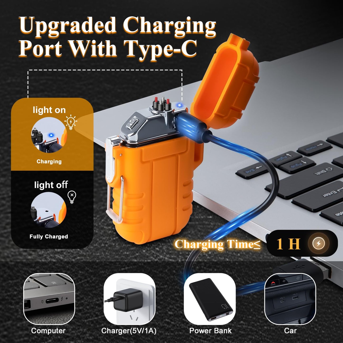 LcFun Electric Lighter - USB C Rechargeable, Windproof, Waterproof Flameless Dual Arc Plasma Lighters with Portable Lanyard for Adventure, Survival Tactical, Camping Gadgets for Men (Orange)