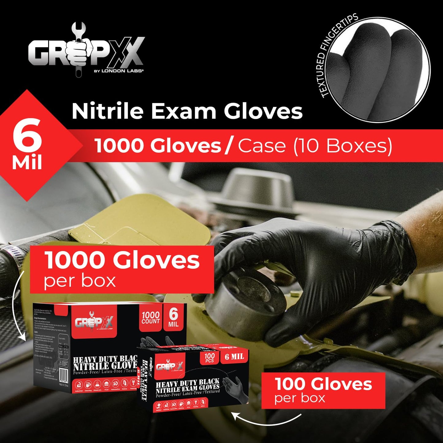 London Labs Heavy Duty 6 Mil Black Nitrile Gloves - Disposable, Latex & Powder Free | Mechanic, Food Prep & Tattoo | Rubber Gloves for Cooking, Cleaning & Household | Pack of (100)